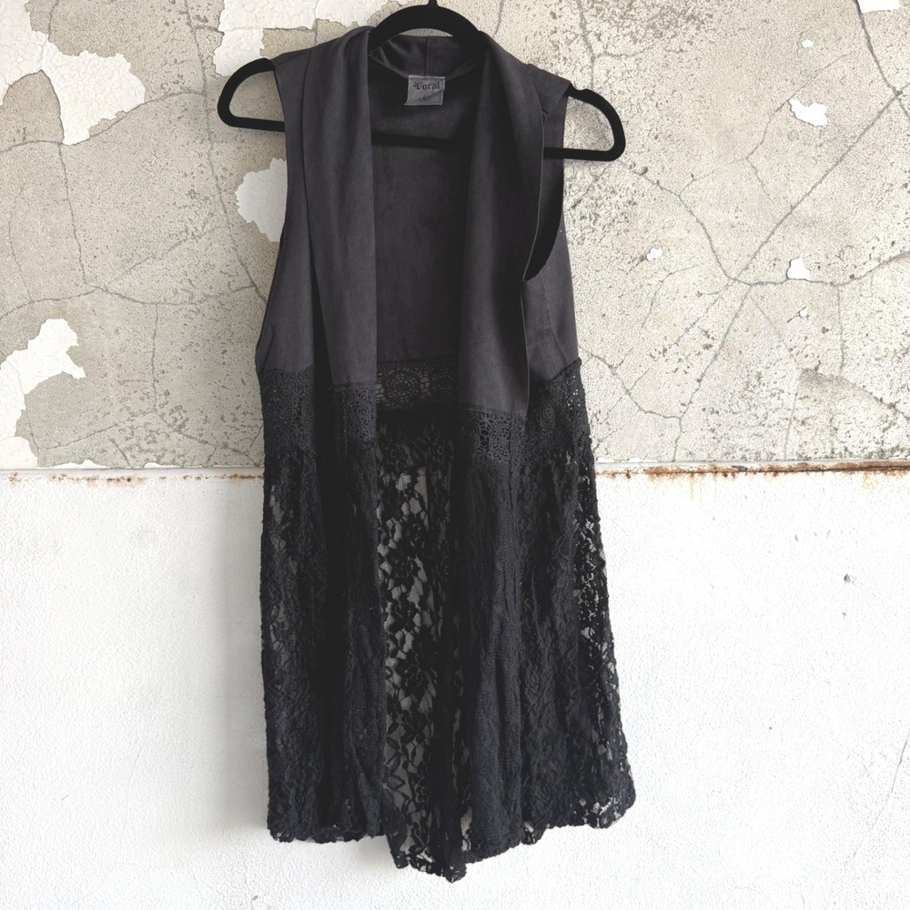 Duster Vest Faux Suede Lace Open Front Long Cardigan Western Gothic Boho Women M